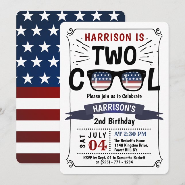 Zwei Coole 4. Juli Jungs 2. Geburtstag Einladung (Vorne/Hinten)