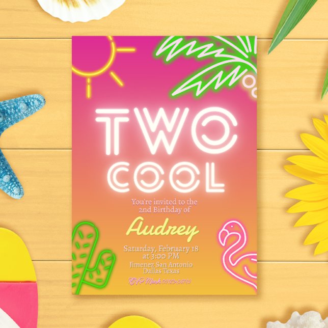 Zwei Coole tropische Rosa Neon Pool Party Einladung (Two Cool Tropical Pink Neon Pool Party Invitation)