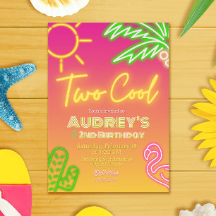 Zwei coole tropische rosa Neon-Poolparty-Einladung Einladung