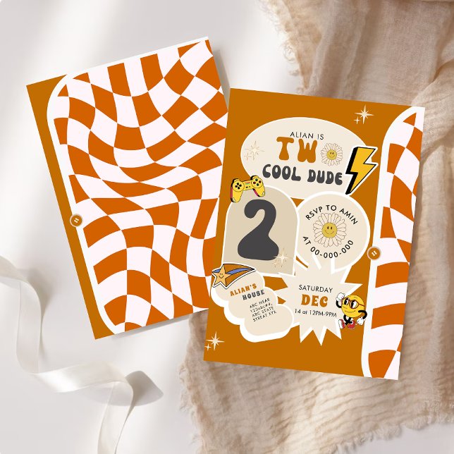 Zwei Coole Typ | Jungen 2. Retro geprüft Geburtsta Einladung (Von Creator hochgeladen)