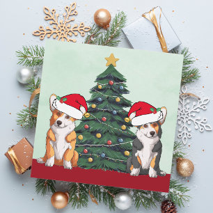 Zwei Corgi Weihnachtsbaum Hund Weihnachtsmannmütze Feiertagskarte