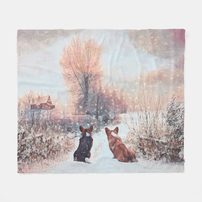Zwei Corgis im Schnee Fleecedecke (Vorderseite (Horizontal))