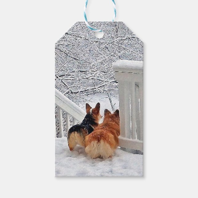 Zwei Corgis im Winter Geschenkanhänger (Vorderseite)