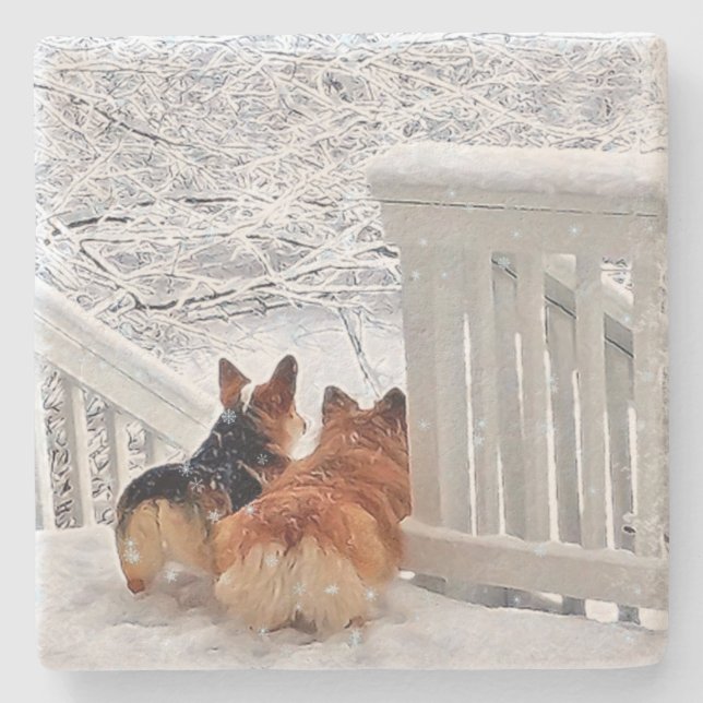 Zwei Corgis im Winter Steinuntersetzer (Vorderseite)
