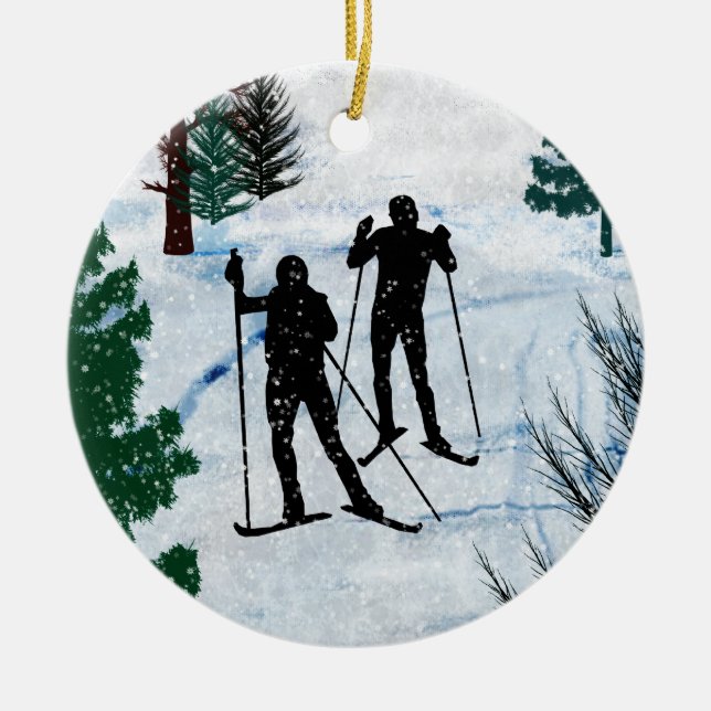 Zwei Cross Country-Skifahrer Keramik Ornament (Vorne)