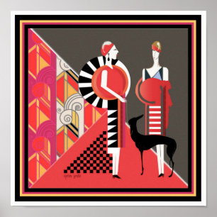 Zwei Damen mit einem Dog Art Deco Poster 12 x 12