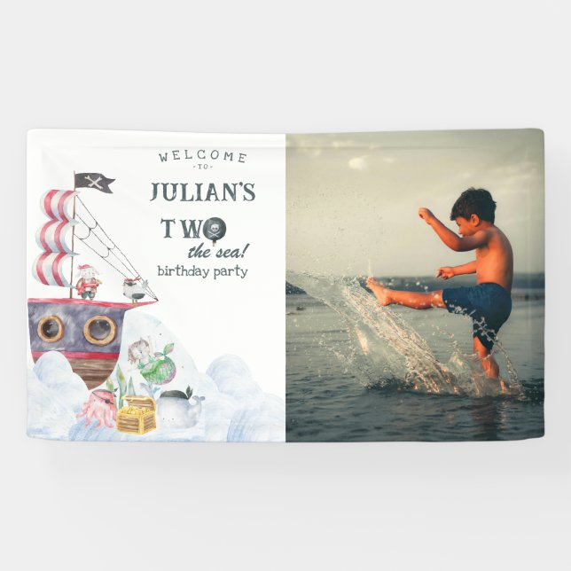 Zwei das Seeräuberschiff Mermaid 2. Geburtstag Par Banner (Horizontal)