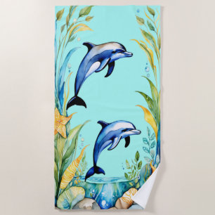 Zwei Delfine Tropisches Aquarell Ozean Strandtuch