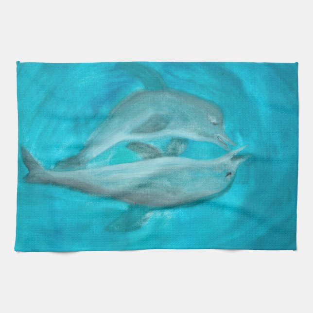 Zwei Delphine spielen frei und wild im Ozean Geschirrtuch (Horizontal)