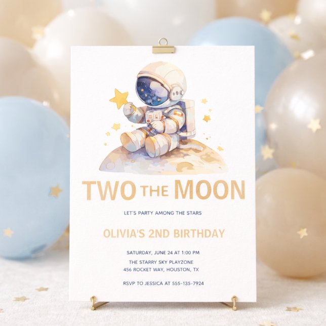 Zwei Der Mond Raum Astronaut 2. Geburtstag Einladung (two the moon girls space invite)