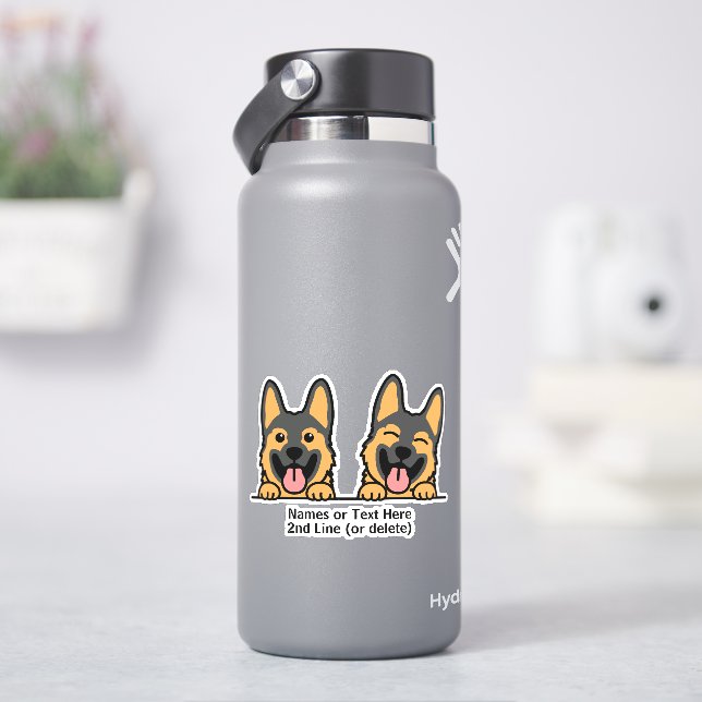Zwei deutsche Schäferhunde-Cartoon Namenstext hinz Aufkleber (HydroFlask)