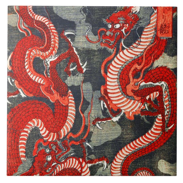 ZWEI DRAGONEN JAPANISCHES WOODCUT IN ROT SCHWARZ-W FLIESE (Vorderseite)