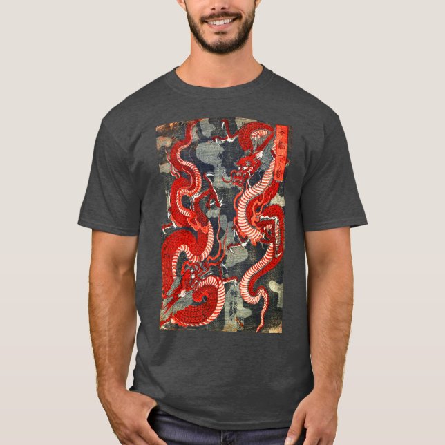 ZWEI DRAGONEN JAPANISCHES WOODCUT IN ROT SCHWARZ-W T-Shirt (Vorderseite)