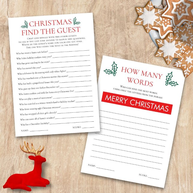 Zwei druckbare Weihnachtsspiele Karte (Front and back view)