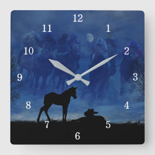 Zwei durchdachte Racehorse Foals Wall Clock Number Quadratische Wanduhr