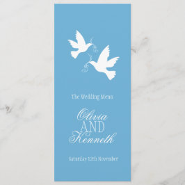 Zwei duves blaues und weißes Hochzeitsmenü Menükarte