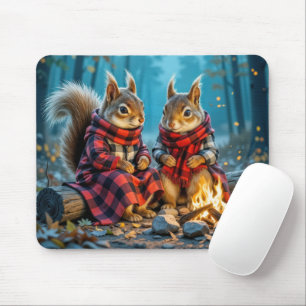 Zwei Eichhörnchen genießen ein Herbstfeuer Mousepad