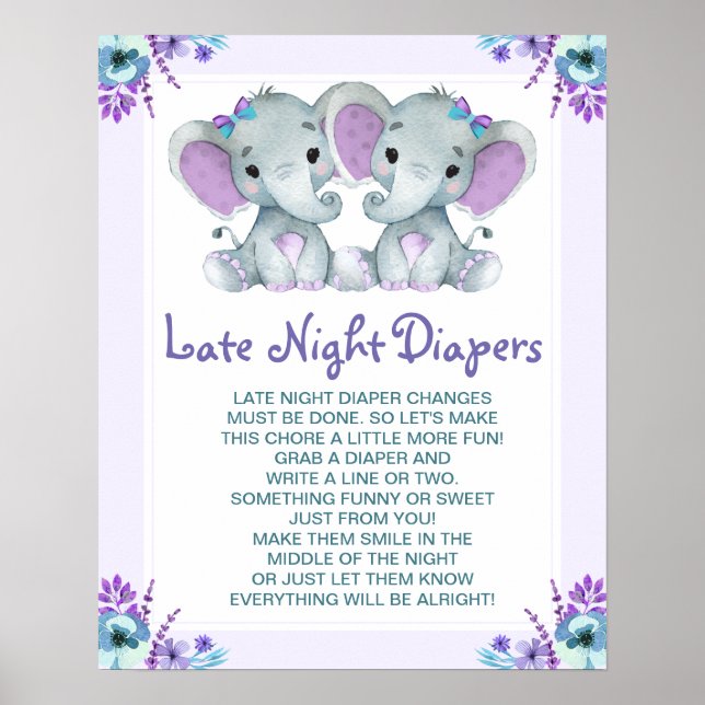 Zwei Elefanten Späte Night Diapers Baby Shower Gam Poster (Vorne)