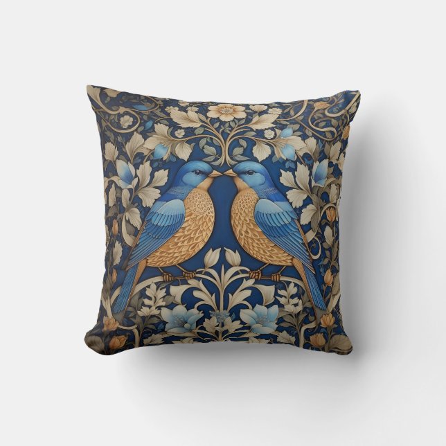 Zwei elegante Blue Birds William Morris Inspiriert Kissen (Vorderseite)