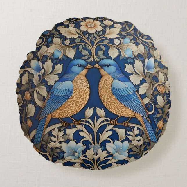 Zwei elegante Blue Birds William Morris Inspiriert Rundes Kissen (Vorderseite)