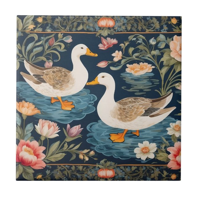 Zwei elegante Ducks William Morris Inspiriert Fliese (Vorderseite)