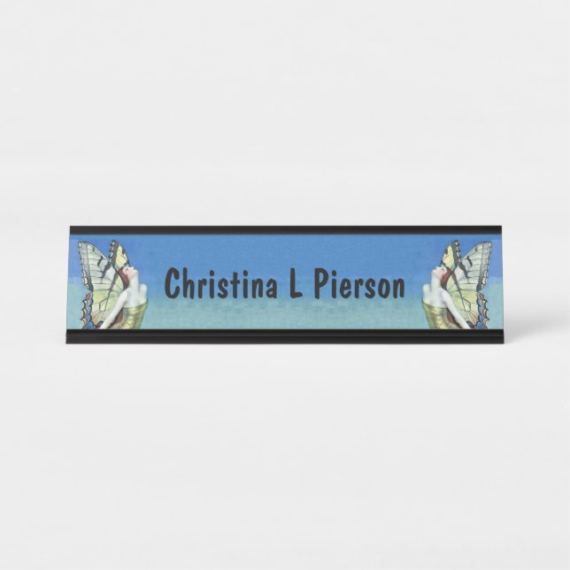 Zwei elegante Fairies Gold Dress Butterfly Wings Schreibtischnamensplakette (Vorderseite )