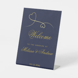 Zwei elegante Goldherzen | Blue Wedding Welcome Sockelschild
