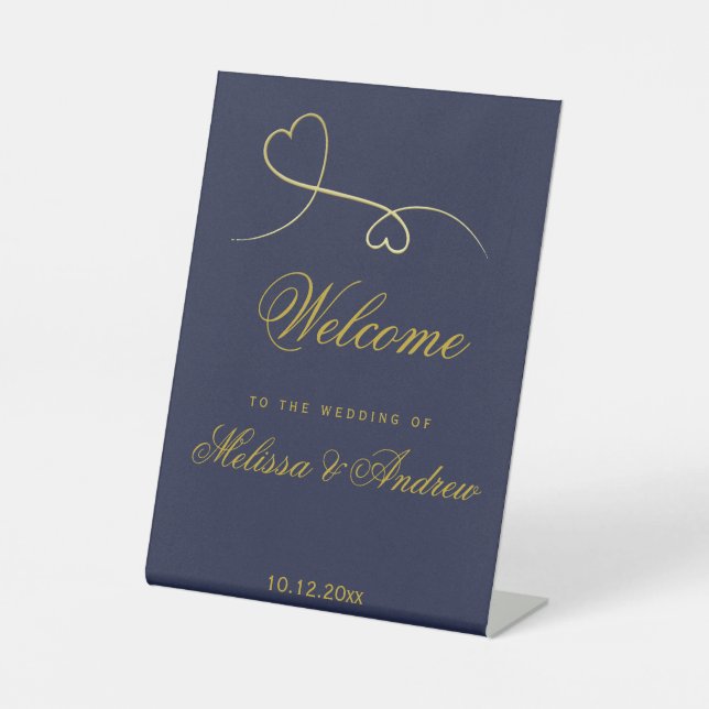 Zwei elegante Goldherzen | Blue Wedding Welcome Sockelschild (Vorderseite)