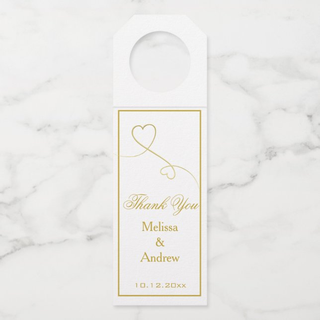 Zwei elegante Goldherzen | Hochzeit 'Danke' Flaschenanhänger (Vorderseite)