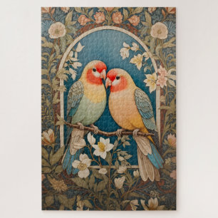 Zwei elegante Liebesvögel Vintage-Blumen Puzzle