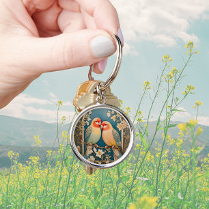 Zwei elegante Liebesvögel Vintage-Blumen Schlüsselanhänger