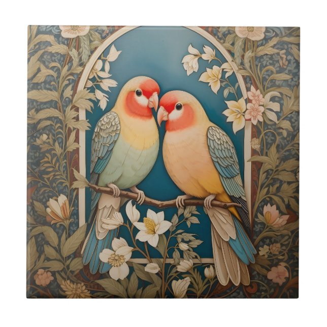 Zwei elegante Lovebirds Vintag Fliese (Vorderseite)