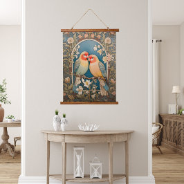 Zwei elegante Lovebirds Vintag Wandteppich Mit Holzrahmen