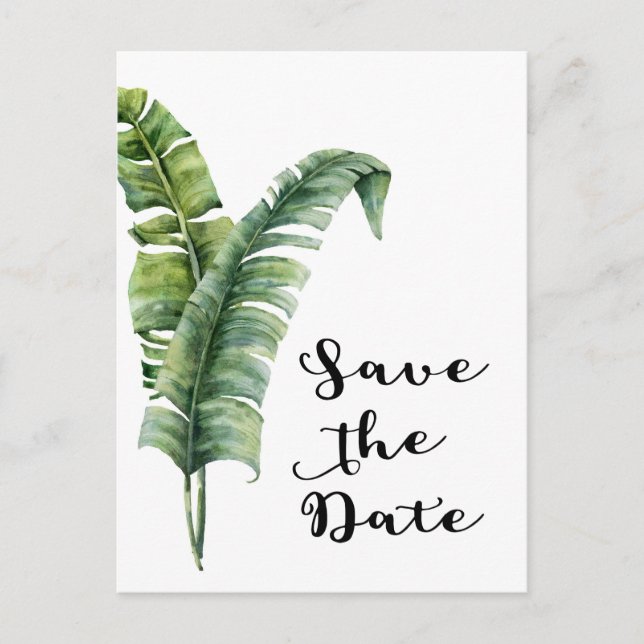 Zwei elegante Palm Blätter Save the Date tropisch Ankündigungspostkarte (Vorderseite)