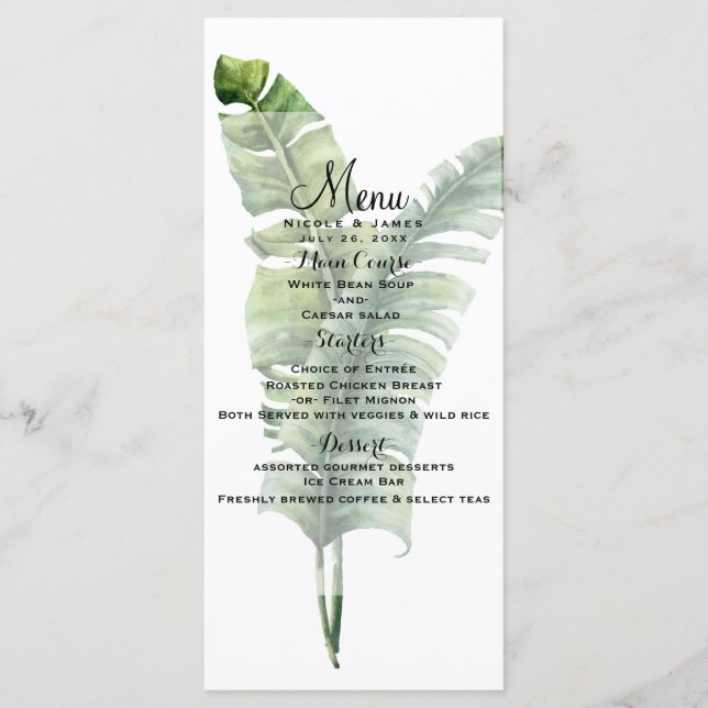 Zwei elegante Palm Blätter Tropical Wedding Menu Menükarte (Vorderseite)