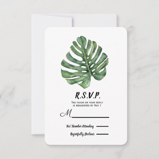 Zwei elegante Palm Blätter Tropical Wedding RSVP (Vorderseite)