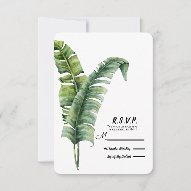 Zwei elegante Palm Blätter Tropical Wedding RSVP Karte (Vorderseite)