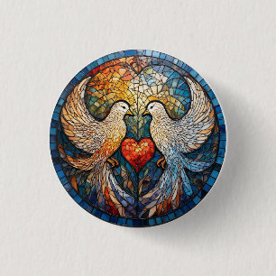 Zwei elegante Tauben im Buntglas-Kunstwerk Button