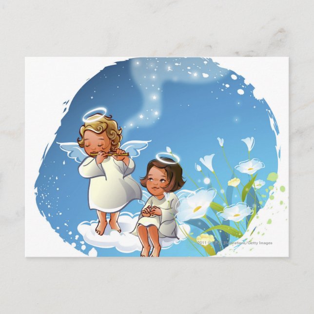 Zwei Engel sitzen auf den Wolken Postkarte (Vorderseite)