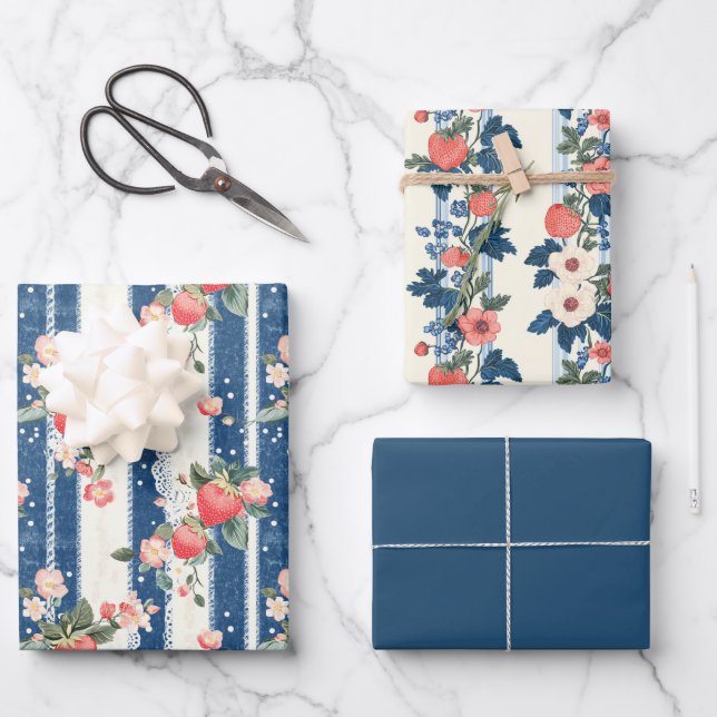 Zwei Erdbeeren und eine solide Farbe Geschenkpapier Set (Vorderseite)