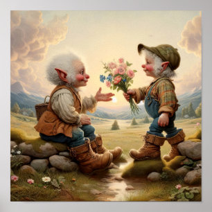 Zwei erwachsene Munchkin-Figuren mit Vintagem Char Poster