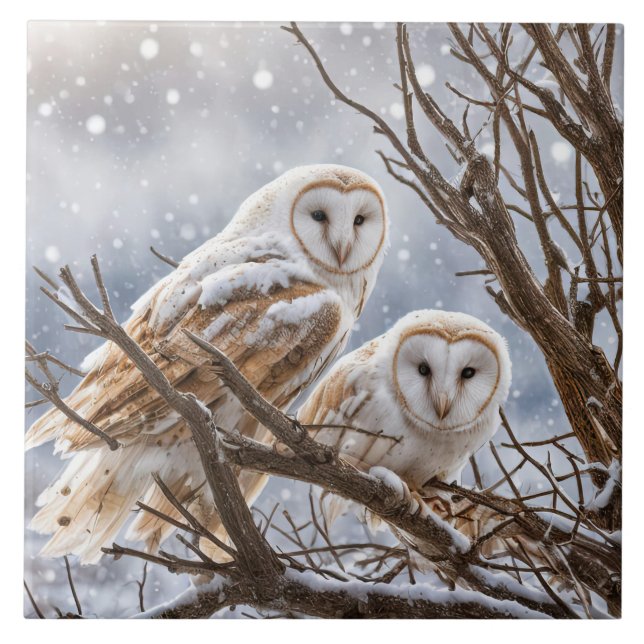 Zwei Eulen im Schnee Hübsch saisonale Fliese (Vorderseite)