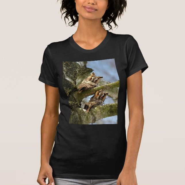 Zwei Eulen im Wald, Vögel, T - Shirt wild lebender (Vorderseite)