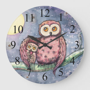 Zwei Eulen und eine Mond-Kinderwanduhr Große Wanduhr