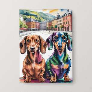 Zwei farbenfrohe Dachshunde auf einem europäischen Button