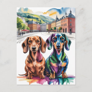Zwei farbenfrohe Dachshunde auf einem europäischen Feiertagspostkarte