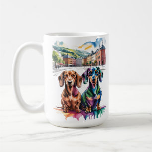 Zwei farbenfrohe Dachshunde auf einem europäischen Kaffeetasse