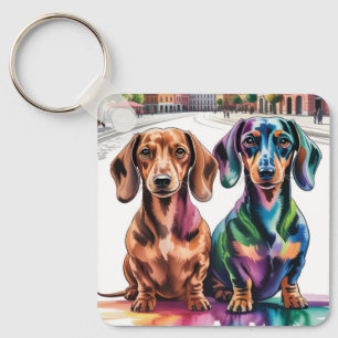 Zwei farbenfrohe Dachshunde auf einem europäischen Schlüsselanhänger