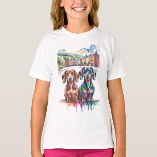 Zwei farbenfrohe Dachshunde auf einem europäischen T-Shirt