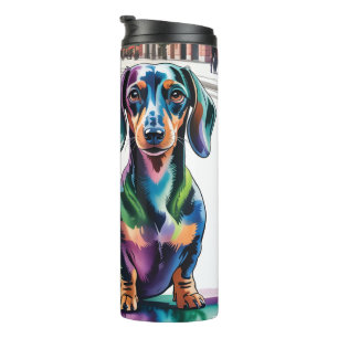 Zwei farbenfrohe Dachshunde auf einem europäischen Thermosbecher